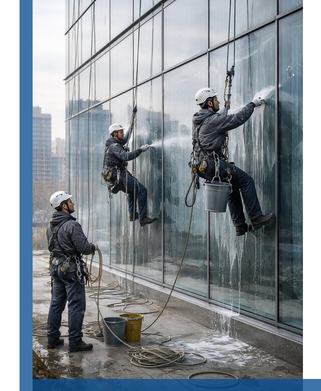 Промышленная мойка панорамных окон на высоте в Пензе