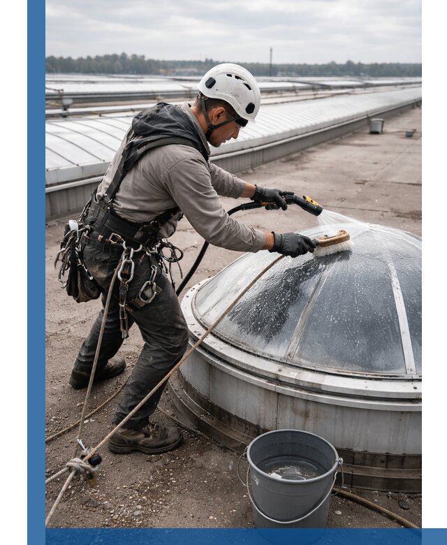 Мойка зенитных фонарей на кровле для промышленных объектов в Пензе