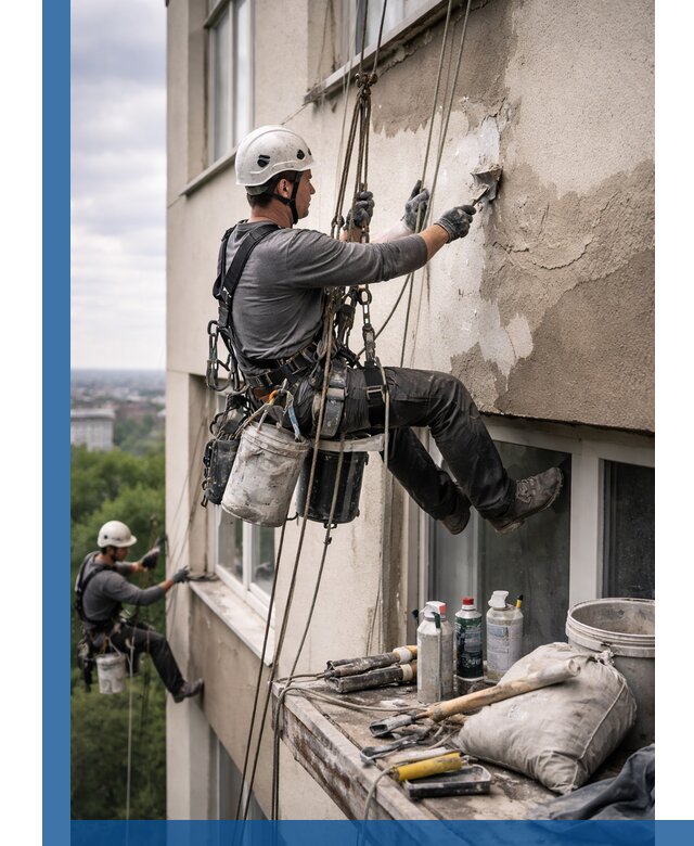 Косметический ремонт фасада зданий в Пензе промышленными альпинистами