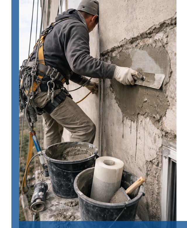 Ремонт бетонных элементов фасада промышленными альпинистами в Пензе