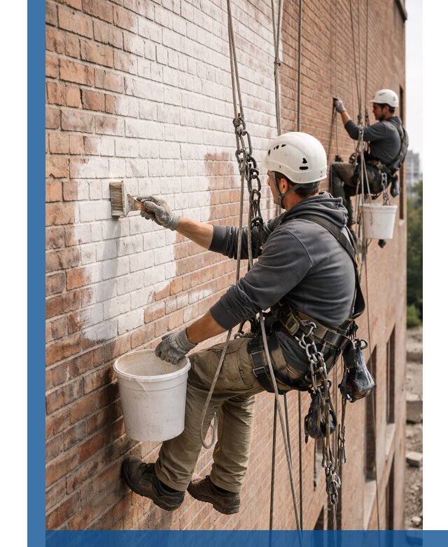 Покраска кирпичного фасада с доступным альпинистским сервисом в Пензе