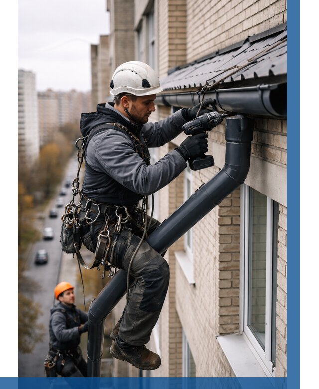 Монтаж водосточной системы на здании в Пензе от 5133 р. | ВЫСОТНИК-Пнз