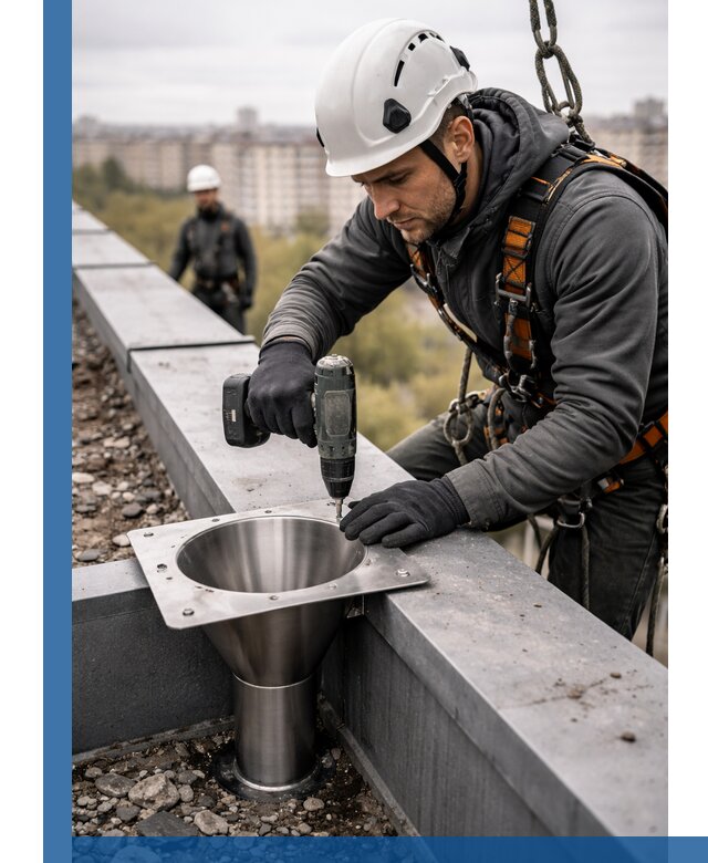 Монтаж водосточных воронок в Пензе для промышленных зданий