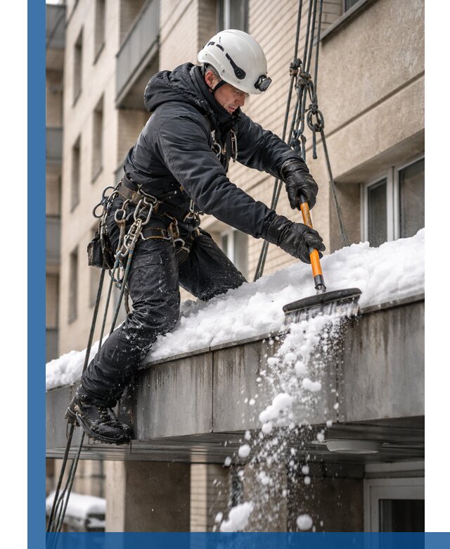 Очистка козырьков от снега в Пензе круглогодично безопасно