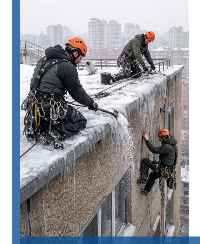 Удаление наледи с кровли в Пензе промышленными альпинистами