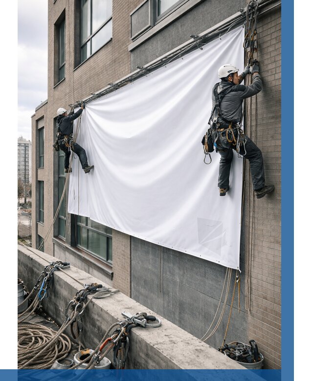 Монтаж баннеров на фасаде в Пензе от 667 р. заказать ВЫСОТНИК-Пнз