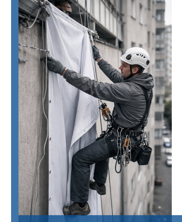 Замена баннерного полотна промышленными альпинистами в Пензе