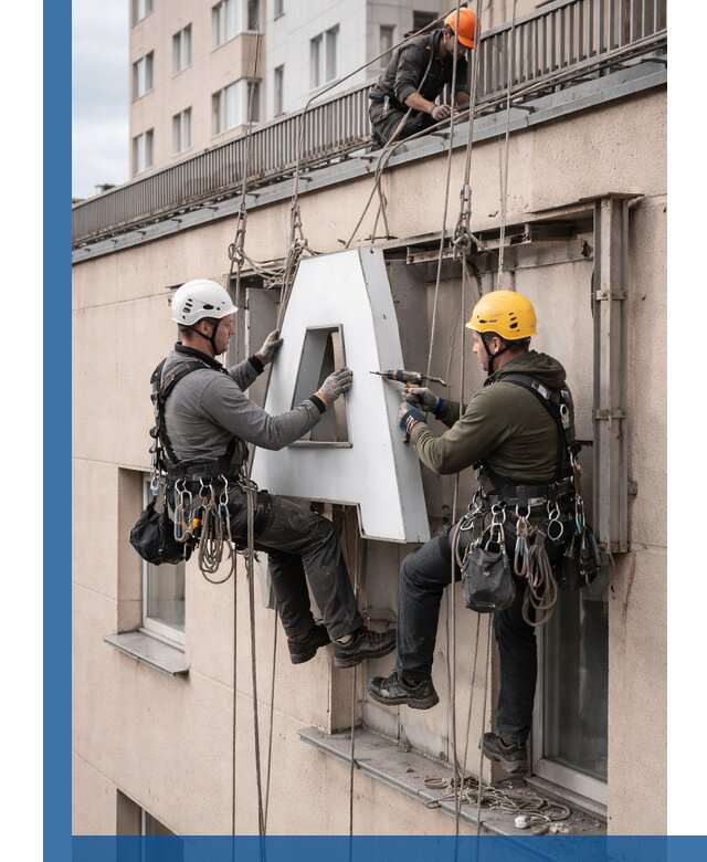 Ремонт и восстановление наружных вывесок на высоте в Пензе
