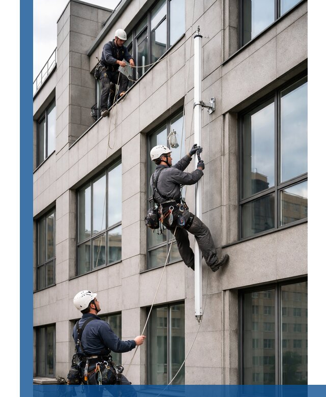 Монтаж флагштока на фасаде здания с креплением и герметикой в Пензе