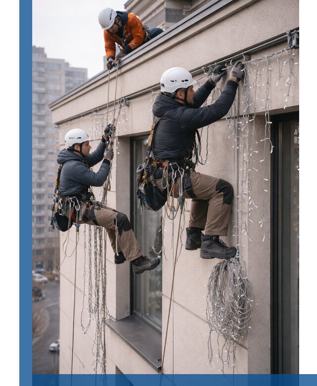 Монтаж праздничных гирлянд на фасаде в Пензе для зданий