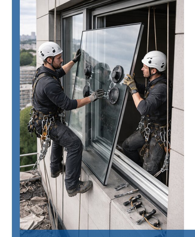 Замена стеклопакетов на высоте с промышленными альпинистами в Пензе