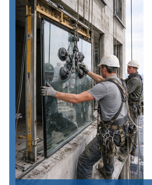Монтаж стеклопакетов на высоте в Пензе с промышленным альпинизмом