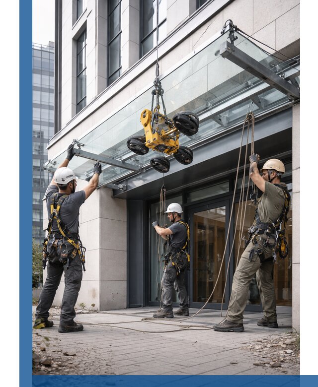 Монтаж стеклянных козырьков под ключ в Пензе для зданий