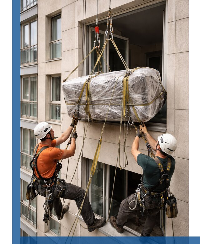 Подъем грузов через окно в Пензе промышленными альпинистами